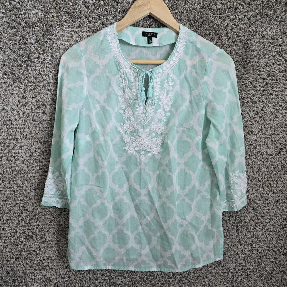 Talbots Top Womens SP Petite Small Teal Embroidered Beaded V Neck Blouse Ladies